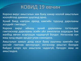 Корона вирус амьсгалын зам буюу хамар хоолой амьсгалын
хоолойгоор дамжин уушгинд орно.
Хүний биед нэвтрэн ороод хамгийн түрүүнд дархлааны
эсүүдийг гэмтээдэг.
Корона вирус ийнхүү хүний дархлааны тогтолцоог
гэмтээснээр дархлааны эсийн үйл ажиллагаа алдагдаж бие
махбод өвчин эсэргүүцэх чадваргүй болдог. Ингэснээр хүн
маш хүнд өвдөх эрсдэл улам нэмэгдэнэ.
Амьсгалын замын доод хэсэг буюу уушгины хамгийн гүн
хэсгийг гэмтээж өвчлүүлдэг, ингэснээр амьсгал боогдох
байдал илэрч хүн амьсгалж чадахгүй, бачуурч маш их
амьсгаадна.
 