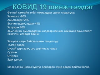 Өвчний хамгийн элбэг тохиолддог шинж тэмдэгүүд:
Ханиалга -80%
Амьсгаадах-55%
Булчин өвдөх, ядрах-44%
Халуурах 90%
Хамгийн их амьсгаадах нь халдвар авснаас хойшхи 8 дахь хоногт
ихэвчлэн илэрдэг байна.
Хавсран илэрч байгаа шинж тэмдэгүүд:
Толгой өвдөх
Цустай цэр гарах, цус уушгинаас гарах
Суулгах
Огиулах
Зүрх дэлсэх
60-аас дээш насны хүмүүс олноороо, хүнд өвдөж байгаа болно.
 
