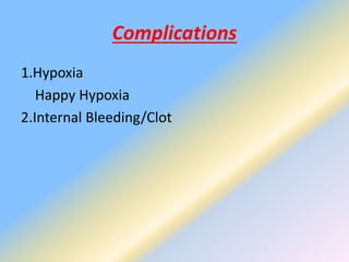 Complications
1.Hypoxia
Happy Hypoxia
2.Internal Bleeding/Clot
 