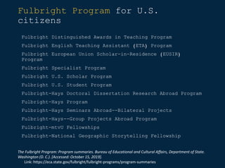Fulbright Program for U.S.
citizens
Fulbright Distinguished Awards in Teaching Program
Fulbright English Teaching Assistant (ETA) Program
Fulbright European Union Scholar-in-Residence (EUSIR)
Program
Fulbright Specialist Program
Fulbright U.S. Scholar Program
Fulbright U.S. Student Program
Fulbright-Hays Doctoral Dissertation Research Abroad Program
Fulbright-Hays Program
Fulbright-Hays Seminars Abroad--Bilateral Projects
Fulbright-Hays--Group Projects Abroad Program
Fulbright-mtvU Fellowships
Fulbright-National Geographic Storytelling Fellowship
The Fulbright Program: Program summaries. Bureau of Educational and Cultural Affairs, Department of State.
Washington (D. C.). [Accessed: October 15, 2019].
Link: https://eca.state.gov/fulbright/fulbright-programs/program-summaries
 
