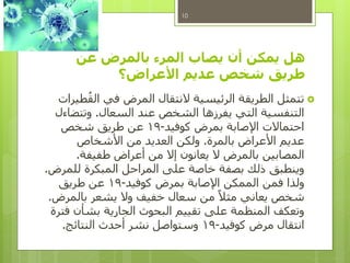 ‫عن‬ ‫بالمرض‬ ‫المرء‬ ‫يصاب‬ ‫أن‬ ‫يمكن‬ ‫هل‬
‫األعراض‬ ‫عديم‬ ‫شخص‬ ‫طريق‬‫؟‬
‫طيرات‬ُ‫الق‬ ‫في‬ ‫المرض‬ ‫النتقال‬ ‫الرئيسية‬ ‫الطريقة‬ ‫تتمثل‬
‫السعال‬ ‫عند‬ ‫الشخص‬ ‫يفرزها‬ ‫التي‬ ‫التنفسية‬.‫وتتضاءل‬
‫كوفيد‬ ‫بمرض‬ ‫اإلصابة‬ ‫احتماالت‬-19‫شخص‬ ‫طريق‬ ‫عن‬
‫بالمرة‬ ‫األعراض‬ ‫عديم‬.‫األشخاص‬ ‫من‬ ‫العديد‬ ‫ولكن‬
‫طفيفة‬ ‫أعراض‬ ‫من‬ ‫إال‬ ‫يعانون‬ ‫ال‬ ‫بالمرض‬ ‫المصابين‬.
‫للمرض‬ ‫المبكرة‬ ‫المراحل‬ ‫على‬ ‫خاصة‬ ‫بصفة‬ ‫ذلك‬ ‫وينطبق‬.
‫كوفيد‬ ‫بمرض‬ ‫اإلصابة‬ ‫الممكن‬ ‫فمن‬ ‫ولذا‬-19‫طريق‬ ‫عن‬
‫بالمرض‬ ‫يشعر‬ ‫وال‬ ‫خفيف‬ ‫سعال‬ ‫من‬ ً‫مثال‬ ‫يعاني‬ ‫شخص‬.
‫فترة‬ ‫بشأن‬ ‫الجارية‬ ‫البحوث‬ ‫تقييم‬ ‫على‬ ‫المنظمة‬ ‫وتعكف‬
‫كوفيد‬ ‫مرض‬ ‫انتقال‬-19‫النتائج‬ ‫أحدث‬ ‫نشر‬ ‫وستواصل‬.
10
 