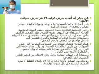 ‫هل‬‫كوفيد‬ ‫بمرض‬ ‫صاب‬
ُ
‫أ‬ ‫أن‬ ‫يمكن‬-19‫حيواني‬ ‫طريق‬ ‫عن‬
‫األليف؟‬
‫وحيوانات‬ ‫حيوانات‬ ‫فيها‬ ‫أصيبت‬ ‫حاالت‬ ‫هناك‬ ‫أن‬ ‫بلغنا‬‫لمرضى‬ ‫أليفة‬
‫بكوفيد‬ ‫مصابين‬-19‫المرض؛‬ ‫بعدوى‬
‫الهيئة‬ ‫بصفتها‬ ،‫الحيوان‬ ‫لصحة‬ ‫العالمية‬ ‫المنظمة‬ ‫وتعمل‬‫الحكومية‬
‫الحيوان‬ ‫بصحة‬ ‫النهوض‬ ‫عن‬ ‫المسؤولة‬ ‫الدولية‬،‫العالمي‬ ‫الصعيد‬ ‫على‬
‫عن‬ ‫تقنية‬ ‫إرشادات‬ ‫إعداد‬ ‫على‬‫الحيوان‬ ‫بصحة‬ ‫تتعلق‬ ‫متخصصة‬ ‫مواضيع‬
‫وتستهدف‬‫التقنيين‬ ‫والخبراء‬ ‫البيطرية‬ ‫الخدمات‬ ً‫تحديدا‬(‫بما‬
‫يشمل‬‫الصحي‬ ‫والحجر‬ ‫الفحص‬ ‫عن‬ ‫مواضيع‬)‫؛‬
‫المصابين‬ ‫األشخاص‬ ‫من‬ ‫العدوى‬ ‫النتقال‬ ‫إمكانية‬ ‫هناك‬‫بعض‬ ‫إلى‬
‫اللصيقة‬ ‫المالمسة‬ ‫طريق‬ ‫عن‬ ‫الحيوانات‬.‫وما‬‫إلى‬ ‫حاجة‬ ‫هناك‬ ‫زالت‬
‫إذا‬ ‫مما‬ ‫للتحقق‬ ‫نات‬‫البي‬ ‫من‬ ‫المزيد‬‫عموما‬ ‫الحيوانات‬ ‫بإمكان‬ ‫كان‬
‫نشر‬ ‫األليفة‬ ‫والحيوانات‬‫المرض؛‬
‫بين‬ ‫االنتقال‬ ‫يظل‬ ،ً‫حاليا‬ ‫المتاحة‬ ‫نات‬‫البي‬ ‫إلى‬ ً‫واستنادا‬‫العامل‬ ‫البشر‬
‫العدوى؛‬ ‫لنقل‬ ‫الرئيسي‬
‫بإمكان‬ ‫كان‬ ‫إذا‬ ‫ما‬ ‫تأكيد‬ ‫ألوانه‬ ‫السابق‬ ‫من‬ ‫يزال‬ ‫وال‬‫تكون‬ ‫أن‬ ‫القطط‬
‫كوفيد‬ ‫عدوى‬ ‫نقل‬ ‫في‬ ‫الوسيط‬ ‫المضيف‬-19.
29
 