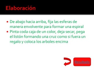    De abajo hacia arriba, fija las esferas de
    manera envolvente para formar una espiral
   Pinta coda caja de un color, deja secar, pega
    el listón formando una cruz como si fuera un
    regalo y coloca los arboles encima



                                          Resultado
 