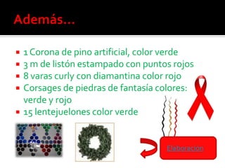  1 Corona de pino artificial, color verde
 3 m de listón estampado con puntos rojos
 8 varas curly con diamantina color rojo
 Corsages de piedras de fantasía colores:
  verde y rojo
 15 lentejuelones color verde



                                   Elaboración
 