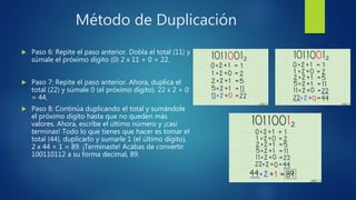 Método de Duplicación
 Paso 6: Repite el paso anterior. Dobla el total (11) y
súmale el próximo dígito (0) 2 x 11 + 0 = 22.
 Paso 7: Repite el paso anterior. Ahora, duplica el
total (22) y súmale 0 (el próximo dígito). 22 x 2 + 0
= 44.
 Paso 8: Continúa duplicando el total y sumándole
el próximo dígito hasta que no queden más
valores. Ahora, escribe el último número y ¡casi
terminas! Todo lo que tienes que hacer es tomar el
total (44), duplicarlo y sumarle 1 (el último dígito).
2 x 44 + 1 = 89. ¡Terminaste! Acabas de convertir
100110112 a su forma decimal, 89.
 