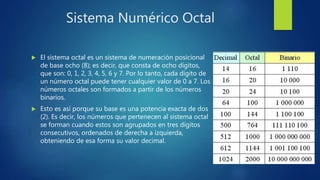 Sistema Numérico Octal
 El sistema octal es un sistema de numeración posicional
de base ocho (8); es decir, que consta de ocho dígitos,
que son: 0, 1, 2, 3, 4, 5, 6 y 7. Por lo tanto, cada dígito de
un número octal puede tener cualquier valor de 0 a 7. Los
números octales son formados a partir de los números
binarios.
 Esto es así porque su base es una potencia exacta de dos
(2). Es decir, los números que pertenecen al sistema octal
se forman cuando estos son agrupados en tres dígitos
consecutivos, ordenados de derecha a izquierda,
obteniendo de esa forma su valor decimal.
 