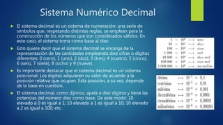 Sistema Numérico Decimal
 El sistema decimal es un sistema de numeración: una serie de
símbolos que, respetando distintas reglas, se emplean para la
construcción de los números que son considerados válidos. En
este caso, el sistema toma como base al diez.
 Esto quiere decir que el sistema decimal se encarga de la
representación de las cantidades empleando diez cifras o dígitos
diferentes: 0 (cero), 1 (uno), 2 (dos), 3 (tres), 4 (cuatro), 5 (cinco),
6 (seis), 7 (siete), 8 (ocho) y 9 (nueve).
 Es importante destacar que el sistema decimal es un sistema
posicional. Los dígitos adquieren su valor de acuerdo a la
posición relativa que ocupan. Esta posición, a su vez, depende
de la base en cuestión.
 El sistema decimal, como dijimos, apela a diez dígitos y tiene las
potencias del número diez como base. De este modo: 10
elevado a 0 es igual a 1; 10 elevado a 1 es igual a 10; 10 elevado
a 2 es igual a 100; etc.
 