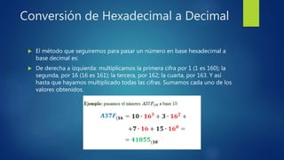 Conversión de Hexadecimal a Decimal
 El método que seguiremos para pasar un número en base hexadecimal a
base decimal es:
 De derecha a izquierda: multiplicamos la primera cifra por 1 (1 es 160); la
segunda, por 16 (16 es 161); la tercera, por 162; la cuarta, por 163. Y así
hasta que hayamos multiplicado todas las cifras. Sumamos cada uno de los
valores obtenidos.
 