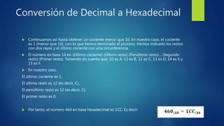 Conversión de Decimal a Hexadecimal
 Continuamos así hasta obtener un cociente menor que 16. En nuestro caso, el cociente
es 1 (menor que 16), con lo que hemos terminado el proceso. Hemos indicado los restos
con dos rayas y el último cociente con una circunferencia.
 El número en base 16 es: (Último cociente) (Último resto) (Penúltimo resto)... (Segundo
resto) (Primer resto). Teniendo en cuenta que: 10 es A, 11 es B, 12 es C, 13 es D, 14 es E y
15 es F.
 En nuestro caso,
El último cociente es 1.
El último resto es 12 (es decir, C).
El penúltimo resto es 12 (es decir, C).
El primer resto es 0.
 Por tanto, el número 460 en base hexadecimal es 1CC. Es decir:
 