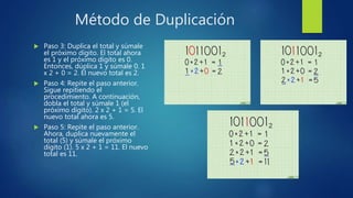 Método de Duplicación
 Paso 3: Duplica el total y súmale
el próximo dígito. El total ahora
es 1 y el próximo dígito es 0.
Entonces, dúplica 1 y súmale 0. 1
x 2 + 0 = 2. El nuevo total es 2.
 Paso 4: Repite el paso anterior.
Sigue repitiendo el
procedimiento. A continuación,
dobla el total y súmale 1 (el
próximo dígito). 2 x 2 + 1 = 5. El
nuevo total ahora es 5.
 Paso 5: Repite el paso anterior.
Ahora, duplica nuevamente el
total (5) y súmale el próximo
dígito (1). 5 x 2 + 1 = 11. El nuevo
total es 11.
 