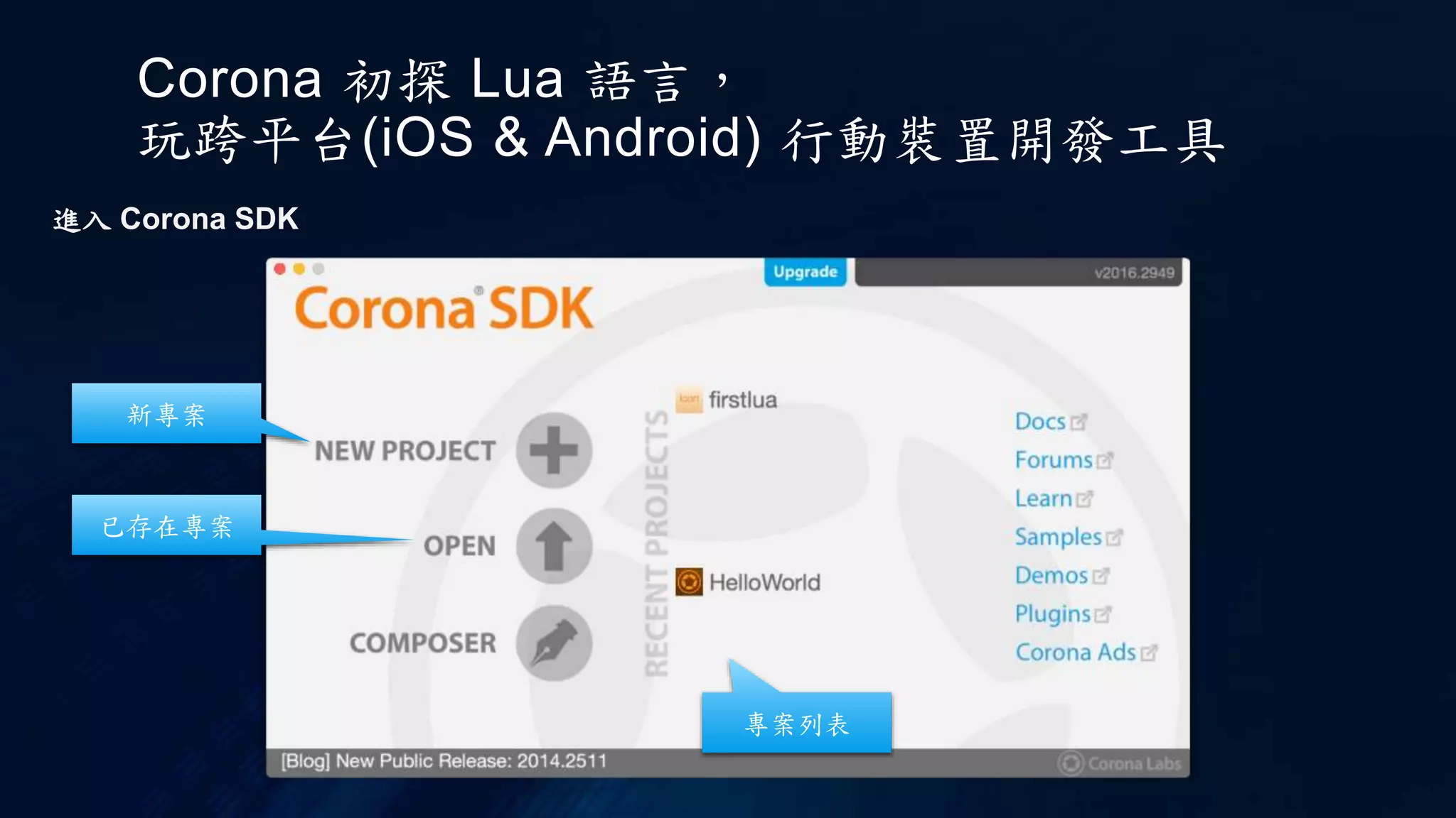 Corona 初探 Lua 語言，
玩跨平台(iOS & Android) 行動裝置開發工具
進入 Corona SDK
新專案
已存在專案
專案列表
 