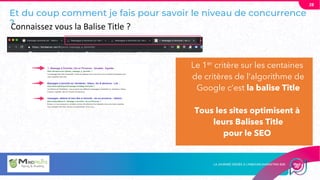 Le 1er critère sur les centaines
de critères de l’algorithme de
Google c’est la balise Title
Tous les sites optimisent à
leurs Balises Title
pour le SEO
28
Connaissez vous la Balise Title ?
Et du coup comment je fais pour savoir le niveau de concurrence
?
 