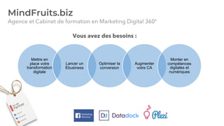 MindFruits.biz
Agence et Cabinet de formation en Marketing Digital 360°
4
Mettre en
place votre
transformation
digitale
Lancer un
Ebusiness
Optimiser la
conversion
Augmenter
votre CA
Monter en
compétences
digitales et
numériques
Vous avez des besoins :
 