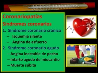 Coronariopatías
Síndromes coronarios
1. Síndrome coronario crónico
– Isquemia silente
– Angina de esfuerzo

2. Síndrome coronario agudo
– Angina inestable de pecho
– Infarto agudo de miocardio
– Muerte súbita

 