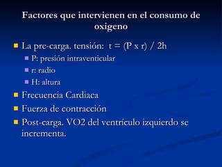 Factores que intervienen en el consumo de oxigeno La pre-carga. tensión:  t = (P x r) / 2h P: presión intraventicular r: radio H: altura Frecuencia Cardiaca Fuerza de contracción Post-carga. VO2 del ventrículo izquierdo se incrementa. 