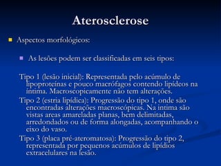 Aterosclerose Aspectos morfológicos:  As lesões podem ser classificadas em seis tipos: Tipo 1 (lesão inicial): Representada pelo acúmulo de lipoproteínas e pouco macrófagos contendo lipídeos na íntima. Macroscopicamente não tem alterações. Tipo 2 (estria lipídica): Progressão do tipo 1, onde são encontradas alterações macroscópicas. Na intima são vistas areas amareladas planas, bem delimitadas, arredondados ou de forma alongadas, acompanhando o eixo do vaso. Tipo 3 (placa pré-ateromatosa): Progressão do tipo 2, representada por pequenos acúmulos de lipídios extracelulares na lesão.  