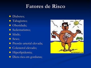 Fatores de Risco Diabetes; Tabagismo; Obesidade; Sedentarismo; Idade; Sexo; Pressão arterial elevada; Colesterol elevado; Hiperlipidemia; Dieta rica em gorduras; 
