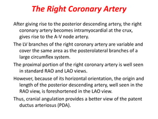 The Right Coronary Artery
After giving rise to the posterior descending artery, the right
coronary artery becomes intramyocardial at the crux,
gives rise to the A-V node artery.
The LV branches of the right coronary artery are variable and
cover the same area as the posterolateral branches of a
large circumflex system.
The proximal portion of the right coronary artery is well seen
in standard RAO and LAO views.
However, because of its horizontal orientation, the origin and
length of the posterior descending artery, well seen in the
RAO view, is foreshortened in the LAO view.
Thus, cranial angulation provides a better view of the patent
ductus arteriosus (PDA).
 
