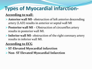 Types of Myocardial infarction-
According to wall-
 Anterior wall MI- obstruction of left anterior descending
artery (LAD) results in anterior or septal wall MI
 Posterior wall MI – Obstruction of circumflex artery
results in posterior wall MI.
 Inferior wall MI- obstruction of the right coronary artery
results in inferior wall MI.
According to ECG
 ST-Elevated Myocardial infarction
 Non- ST Elevated Myocardial Infarction
 