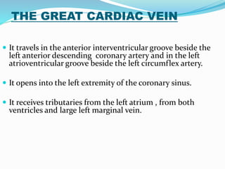 THE GREAT CARDIAC VEIN
 It travels in the anterior interventricular groove beside the
left anterior descending coronary artery and in the left
atrioventricular groove beside the left circumflex artery.
 It opens into the left extremity of the coronary sinus.
 It receives tributaries from the left atrium , from both
ventricles and large left marginal vein.
 