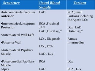 Structure Usual Blood
Supply
Variant
•Interventricular Septum
Anterior
•Interventricular septum
Posterior
•Anterolateral Wall Left
•Posterior Wall
•Anterolateral Papillary
Muscle
•Posteromedial Papillary
Muscle
•Apex
LAD
RCA ,Proximal
2/3rd
LAD ,Distal 1/3rd
LCx , Diagonals
LCx , RCA
LAD , LCx
RCA
LAD
RCA(Small
Portions including
the Apex), LCx
LCx , LAD
Distal 2/3rd
Ramus
Intermedius
LCx
RCA , LCx
 