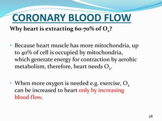CORONARY BLOOD FLOW
Why heart is extracting 60-70% of O2?
• Because heart muscle has more mitochondria, up
to 40% of cell is occupied by mitochondria,
which generate energy for contraction by aerobic
metabolism, therefore, heart needs O2.
• When more oxygen is needed e.g. exercise, O2
can be increased to heart only by increasing
blood flow.
28
 
