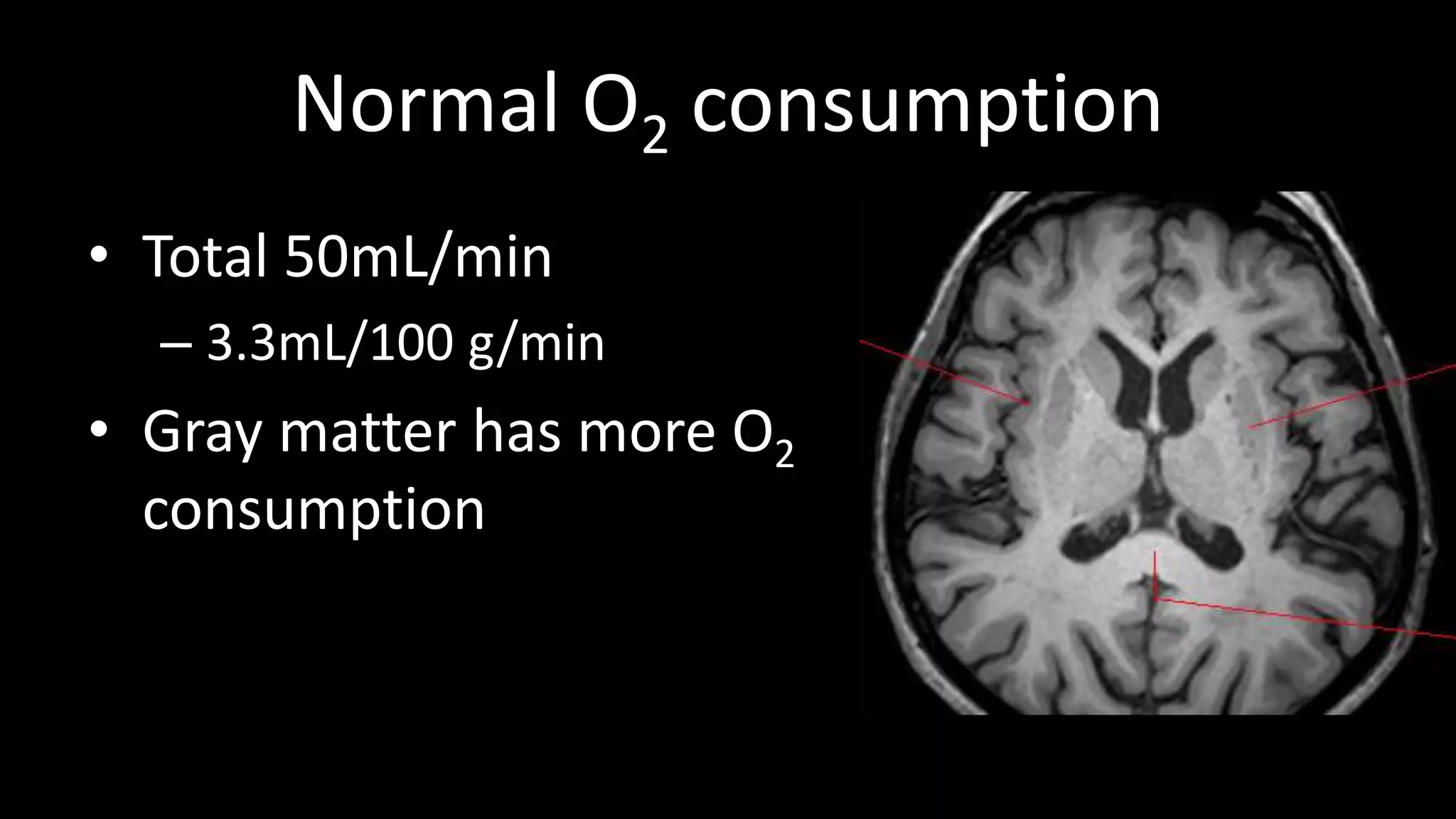 Normal O2 consumption
• Total 50mL/min
– 3.3mL/100 g/min
• Gray matter has more O2
consumption
 