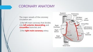 CORONARY ANATOMY
The major vessels of the coronary
circulation are
1.the left main coronary that divides
into left anterior descending and
circumflex branches and
2.the right main coronary artery.
 