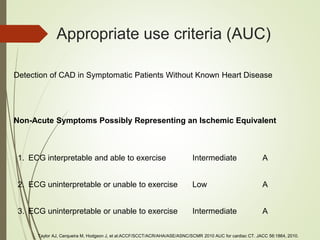 Appropriate use criteria (AUC)
Detection of CAD in Symptomatic Patients Without Known Heart Disease
Non-Acute Symptoms Possibly Representing an Ischemic Equivalent
1. ECG interpretable and able to exercise Intermediate A
2. ECG uninterpretable or unable to exercise Low A
3. ECG uninterpretable or unable to exercise Intermediate A
Taylor AJ, Cerqueira M, Hodgson J, et al:ACCF/SCCT/ACR/AHA/ASE/ASNC/SCMR 2010 AUC for cardiac CT. JACC 56:1864, 2010.
 