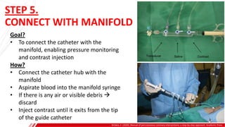 STEP 5.
CONNECT WITH MANIFOLD
Brilakis, E. (2020). Manual of percutaneous coronary interventions: a step-by-step approach. Academic Press.
Goal?
• To connect the catheter with the
manifold, enabling pressure monitoring
and contrast injection
How?
• Connect the catheter hub with the
manifold
• Aspirate blood into the manifold syringe
• If there is any air or visible debris 
discard
• Inject contrast until it exits from the tip
of the guide catheter
A
B
 