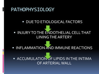 PATHOPHYSIOLOGY
 DUETO ETIOLOGICAL FACTORS
 INJURYTOTHE ENDOTHELIALCELLTHAT
LININGTHEARTERY
 INFLAMMATION AND IMMUNE REACTIONS
 ACCUMULATIONOF LIPIDS INTHE INTIMA
OF ARTERIALWALL
 