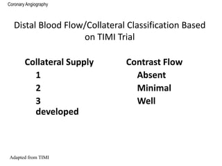 Coronary Angiography
Distal Blood Flow/Collateral Classification Based
on TIMI Trial
Collateral Supply Contrast Flow
1 Absent
2 Minimal
3 Well
developed
Adapted from TIMI
 