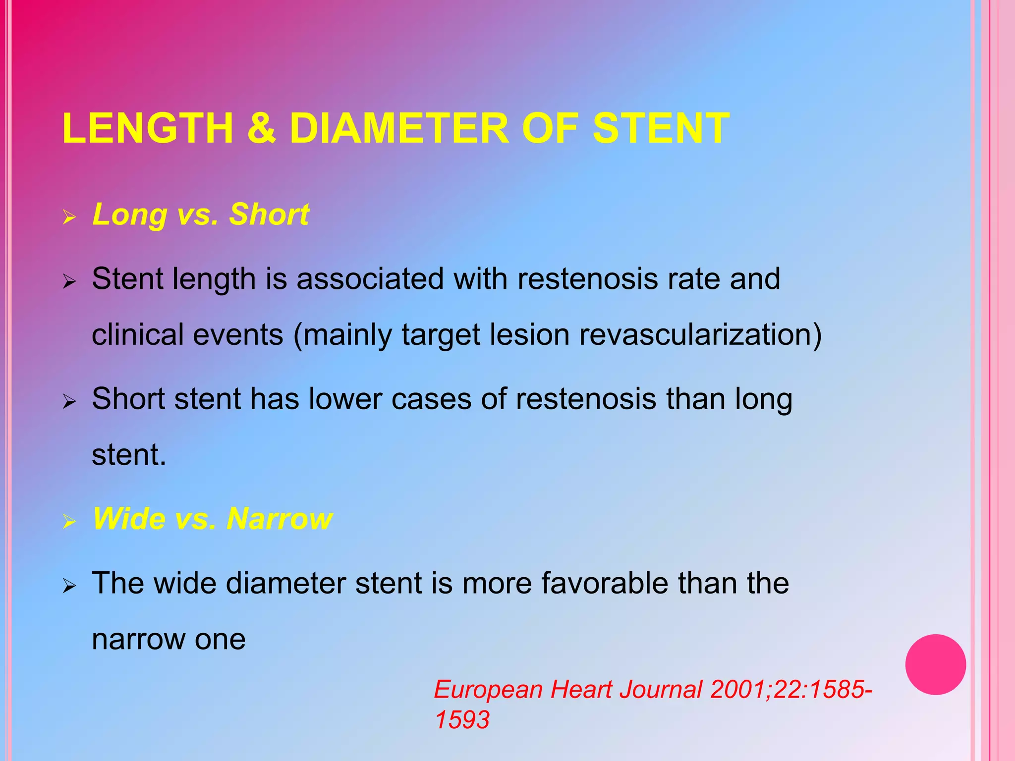 LENGTH & DIAMETER OF STENT


Long vs. Short



Stent length is associated with restenosis rate and
clinical events (mainly target lesion revascularization)



Short stent has lower cases of restenosis than long

stent.


Wide vs. Narrow



The wide diameter stent is more favorable than the
narrow one
European Heart Journal 2001;22:15851593

 