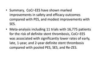 • Summary, CoCr-EES have shown marked
improvements in safety and efficacy outcomes
compared with PES, and modest improvements with
SES.
• Meta-analysis including 11 trials with 16,775 patients
for the risk of definite stent thrombosis, CoCr-EES
was associated with significantly lower rates of early,
late, 1-year, and 2-year definite stent thrombosis
compared with pooled PES, SES, and Re-ZES.
 