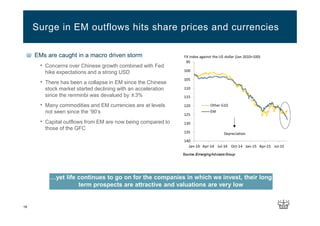 19
EMs are caught in a macro driven storm
• Concerns over Chinese growth combined with Fed
hike expectations and a strong USD
• There has been a collapse in EM since the Chinese
stock market started declining with an acceleration
since the renminbi was devalued by ±3%
• Many commodities and EM currencies are at levels
not seen since the ‘90’s
• Capital outflows from EM are now being compared to
those of the GFC
Surge in EM outflows hits share prices and currencies
…yet life continues to go on for the companies in which we invest, their long
term prospects are attractive and valuations are very low
 