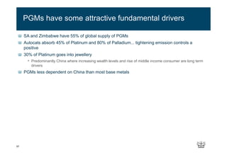 57
SA and Zimbabwe have 55% of global supply of PGMs
Autocats absorb 45% of Platinum and 80% of Palladium... tightening emission controls a
positive
30% of Platinum goes into jewellery
• Predominantly China where increasing wealth levels and rise of middle income consumer are long term
drivers
PGMs less dependent on China than most base metals
PGMs have some attractive fundamental drivers
 