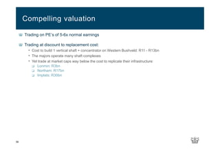 58
Trading on PE’s of 5-6x normal earnings
Trading at discount to replacement cost:
• Cost to build 1 vertical shaft + concentrator on Western Bushveld: R11 - R13bn
• The majors operate many shaft complexes
• Yet trade at market caps way below the cost to replicate their infrastructure:
Lonmin: R3bn
Northam: R17bn
Implats: R30bn
Compelling valuation
 