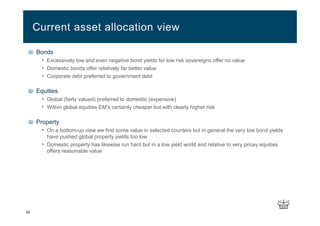 59
Bonds
• Excessively low and even negative bond yields for low risk sovereigns offer no value
• Domestic bonds offer relatively far better value
• Corporate debt preferred to government debt
Equities
• Global (fairly valued) preferred to domestic (expensive)
• Within global equities EM’s certainly cheaper but with clearly higher risk
Property
• On a bottom-up view we find some value in selected counters but in general the very low bond yields
have pushed global property yields too low
• Domestic property has likewise run hard but in a low yield world and relative to very pricey equities
offers reasonable value
Current asset allocation view
 