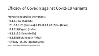 Efficacy of Covaxin against Covid-19 variants
Proven to neutralize the variants
• B.1.1.7 (Alpha) (UK)
• P.1-B.1.1.28 (Gamma) & P.2-B.1.1.28 (Zeta) (Brazil)
• B.1.617(Kappa) (India)
• B.1.617.2(Delta)(India)
• B.1.351(Beta)(South Africa)
• Efficacy -65.2% (against Delta)
Source:- https://www.bharatbiotech.com/covaxin.html
 