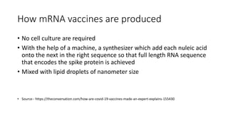 How mRNA vaccines are produced
• No cell culture are required
• With the help of a machine, a synthesizer which add each nuleic acid
onto the next in the right sequence so that full length RNA sequence
that encodes the spike protein is achieved
• Mixed with lipid droplets of nanometer size
• Source:- https://theconversation.com/how-are-covid-19-vaccines-made-an-expert-explains-155430
 