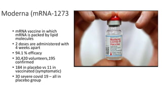 Moderna (mRNA-1273
• mRNA vaccine in which
mRNA is packed by lipid
molecules
• 2 doses are administered with
4 weeks apart
• 94.1 % efficacy
• 30,420 volunteers,195
confirmed
• 184 in placebo vs 11 in
vaccinated (symptomatic)
• 30 severe covid 19 – all in
placebo group
 