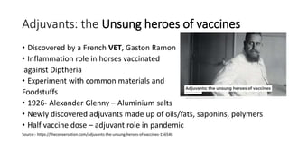 Adjuvants: the Unsung heroes of vaccines
• Discovered by a French VET, Gaston Ramon
• Inflammation role in horses vaccinated
against Diptheria
• Experiment with common materials and
Foodstuffs
• 1926- Alexander Glenny – Aluminium salts
• Newly discovered adjuvants made up of oils/fats, saponins, polymers
• Half vaccine dose – adjuvant role in pandemic
Source:- https://theconversation.com/adjuvants-the-unsung-heroes-of-vaccines-156548
 