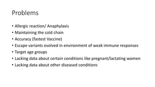 Problems
• Allergic reaction/ Anaphylaxis
• Maintaining the cold chain
• Accuracy (fastest Vaccine)
• Escape variants evolved in environment of weak immune responses
• Target age groups
• Lacking data about certain conditions like pregnant/lactating women
• Lacking data about other diseased conditions
 