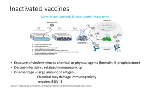 Inactivated vaccines
• Exposure of virulent virus to chemical or physical agents (formalin, B-propiolactone)
• Destroy infectivity , retained immunogenicity
• Disadvantage – large amount of antigen
Chemical may damage immunogenicity
requires BSLV- 3
Source :- https://www.sciencedirect.com/topics/medicine-and-dentistry/inactivated-virus-vaccine
 