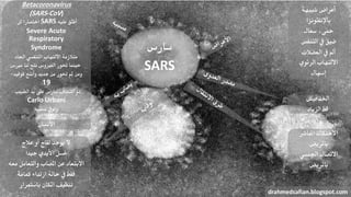 ‫سارس‬
SARS
‫شبيهة‬ ‫أعراض‬
‫باإلنفلونزا‬
‫سعال‬ ،‫محى‬
‫التنفس‬ ‫يف‬ ‫ضيق‬
‫العضالت‬ ‫يف‬ ‫أمل‬
‫الرئوي‬ ‫االلتهاب‬
‫إسهال‬
‫اخلفافيش‬
‫الزباد‬ ‫قط‬
‫املباشر‬ ‫االحتكاك‬
‫باملريض‬
‫اجلنسي‬ ‫االتصال‬
‫باملريض‬
drahmedsafian.blogspot.com
‫عالج‬ ‫أو‬ ‫لقاح‬ ‫يوجد‬ ‫ال‬
ً‫ا‬‫جيد‬ ‫األيدي‬ ‫غسل‬
‫معه‬ ‫والتعامل‬ ‫املصاب‬ ‫عن‬ ‫االبتعاد‬
‫كمامة‬ ‫ارتداء‬ ‫حالة‬ ‫يف‬ ‫فقط‬
‫باستمرار‬ ‫املكان‬ ‫تنظيف‬
‫األنسان‬
Betacoronavirus
(SARS-CoV)
ً‫ا‬‫اختصار‬‫لل‬ SARS ‫عليه‬ ‫أطلق‬
Severe Acute
Respiratory
Syndrome
‫احلاد‬ ‫التنفسي‬ ‫االلتهاب‬ ‫متالزمة‬
‫لنا‬ ‫نتج‬ ‫الفريوس‬ ‫حتور‬ ‫حينما‬‫مريس‬
‫كوفيد‬ ‫وأنتج‬ ‫جديد‬ ‫من‬ ‫حتور‬ ‫ثم‬ ‫ومن‬-
19
‫الطبيب‬ ‫يد‬ ‫على‬ ‫سارس‬ ‫اكتشاف‬ ‫مت‬
Carlo Urbani
‫بسببه‬ ‫وتويف‬
 
