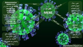 ‫مريس‬
MERS
‫سعال‬ ،‫محى‬
‫التنفس‬ ‫يف‬ ‫ضيق‬
‫العضالت‬ ‫يف‬ ‫أمل‬
‫إسهال،لتقيؤ‬
‫املعدة‬ ‫يف‬ ‫أمل‬
‫اخلفافيش‬
‫اجلمال‬
‫املباشر‬ ‫االحتكاك‬
‫باملريض‬
‫املريض‬ ‫رذاذ‬
drahmedsafian.blogspot.com
‫عالج‬ ‫أو‬ ‫لقاح‬ ‫يوجد‬ ‫ال‬
ً‫ا‬‫جيد‬ ‫األيدي‬ ‫غسل‬
‫املصاب‬ ‫عن‬ ‫االبتعاد‬
‫حالة‬ ‫يف‬ ‫فقط‬ ‫معه‬ ‫والتعامل‬
‫كمامة‬ ‫ارتداء‬
‫األنسان‬
Betacoronavirus
(MERS-CoV)
ً‫ا‬‫اختصار‬ ‫عليه‬ ‫أطلق‬‫لل‬ MERS
Middle East
Respiratory
Syndrome
‫التنفسي‬ ‫األوسط‬ ‫الشرق‬ ‫متالزمة‬‫ة‬
‫يف‬ ‫كان‬ ‫به‬ ‫يشخص‬ ‫مريض‬ ‫أول‬
‫الطبيب‬ ‫يد‬ ‫على‬ ‫السعودية‬
Professor Ali
Mohamed Zaki
‫مسببه‬
 
