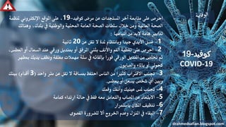 ‫كوفيد‬ ‫مرض‬ ‫عن‬ ‫املستجدات‬ ‫آخر‬ ‫متابعة‬ ‫على‬ ‫احرص‬-19‫ملنظمة‬ ‫اإللكرتوني‬ ‫املوقع‬ ‫على‬ ،
‫وهنالك‬ ،‫بلدك‬ ‫يف‬ ‫والوطنية‬ ‫احمللية‬ ‫العامة‬ ‫الصحة‬ ‫سلطات‬ ‫خالل‬ ‫ومن‬ ‫العاملية‬ ‫الصحة‬
‫أتباعها‬ ‫من‬ ‫البد‬ ‫هامة‬ ‫تدابري‬:
1-‫عن‬ ‫تقل‬ ‫ال‬ ‫ملدة‬ ‫وبانتظام‬ ً‫ا‬‫جيد‬ ‫األيدي‬ ‫غسل‬20‫ثانية‬
2-،‫العطس‬ ‫أو‬ ‫السعال‬ ‫عند‬ ‫ورقي‬ ‫مبنديل‬ ‫أو‬ ‫املرفق‬ ‫بثين‬ ‫واألنف‬ ‫الفم‬ ‫تغطية‬ ‫على‬ ‫احرص‬
‫مبطهر‬ ‫يديك‬ ‫ونظف‬ ‫مغلقة‬ ‫مهمالت‬ ‫سلة‬ ‫يف‬ ‫بإلقائه‬ ً‫ا‬‫فور‬ ‫الورقي‬ ‫املنديل‬ ‫من‬ ‫ختلص‬ ‫ثم‬
‫والصابون‬ ‫باملاء‬ ‫أو‬ ‫كحولي‬.
3-‫واحد‬ ‫مرت‬ ‫عن‬ ‫تقل‬ ‫ال‬ ‫مبسافة‬ ‫احتفظ‬ ‫الناس‬ ‫من‬ ‫كثريا‬ ‫االقرتاب‬ ‫جتنب‬(3‫أقدام‬)‫بينك‬
‫يعطس‬ ‫أو‬ ‫يسعل‬ ‫شخص‬ ‫أي‬ ‫وبني‬.
4-‫وفمك‬ ‫وأنفك‬ ‫عينيك‬ ‫ملس‬ ‫جتنب‬
5-‫كمامة‬ ‫ارتداء‬ ‫حالة‬ ‫يف‬ ‫فقط‬ ‫معه‬ ‫والتعامل‬ ‫املصاب‬ ‫عن‬ ‫االبتعاد‬
6-‫باستمرار‬ ‫املكان‬ ‫تنظيف‬
7-‫القصوى‬ ‫للضرورة‬ ‫أال‬ ‫اخلروج‬ ‫وعدم‬ ‫املنزل‬ ‫يف‬ ‫البقاء‬
‫كوفيد‬-19
COVID-19
drahmedsafian.blogspot.com
 
