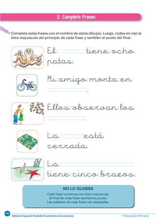 46
Edición Especial Gratuita Cuarentena Coronavirus 1º Educación Primaria
26
EXPRESIÓN ESCRITA 1º Educación Primaria
2. Completo frases
B.2. Completo frases
Completa estas frases con el nombre de estos dibujos. Luego, rodea en rojo la
letra mayúscula del principio de cada frase y también el punto del ﬁnal.
Mi amigo monta en
.
NO LO OLVIDES
Cada frase comienza con letra mayúscula.
Al ﬁnal de cada frase escribimos punto.
Las palabras de cada frase van separadas.
El tiene ocho
patas.
Ellos observan los
.
La está
cerrada.
La
tiene cinco brazos.
 