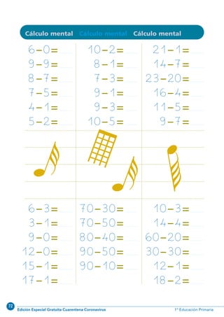 72
Edición Especial Gratuita Cuarentena Coronavirus 1º Educación Primaria
72
6--0=...................
9--9=...................
8--7=...................
7--5=...................
4--1=...................
5--2=...................
10--2=...................
8--1=...................
7--3=...................
9--1=...................
9--3=...................
10--5=...................
21--1=...................
14--7=...................
23--20=...................
16--4=...................
11--5=...................
9--7=...................
10--3=...................
14--4=...................
60--20=...................
30--30=...................
12--1=...................
18--2=...................
70--30=...................
70--50=...................
80--40=...................
90--50=...................
90--10=...................
6--3=...................
3--1=...................
9--0=...................
12--0=...................
15--1=...................
17--1=...................
Cálculo mental Cálculo mental Cálculo mental
N02-65-80_Qx7.qxp:N02-65/80.qxd 24/11/11 12:33 Página 72
 