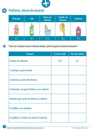 92
Edición Especial Gratuita Cuarentena Coronavirus 1º Educación Primaria18 Aprendo y disfruto con los números
Problemas. ¡Vamos de compras!
Tienes 20 €. Compras lo que te indicamos debajo. ¿Cuánto te gastas? ¿Cuánto te devuelven?
Champú Gel
Pasta de
dientes
Cepillo de
dientes
Colonia
4 € 5 € 2 € 3 € 7 €
Compro Cuesta todo Me devuelven
3 botes de champú 12 € 8 €
1 champú y gel de baño
2 colonias y pasta de dientes
2 champús, un gel de baño y una colonia
champú, gel, pasta de dientes y colonia
2 cepillos y un champú
3 cepillos y 2 tubos de pasta de dientes
 